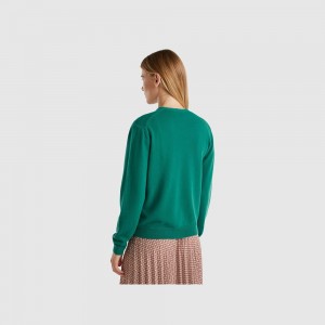 Cárdigan Benetton Forest V-neck pure Merino wool Mujer Verdes Oscuro | RCUHXN497