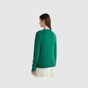 Cárdigan Benetton Forest crew neck pure Merino wool Mujer Verdes Oscuro | LZMKGE713