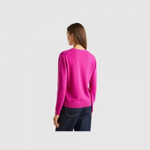 Cárdigan Benetton Fuchsia cyclamen V-neck pure Merino wool Mujer Blancos | BSXZKF520