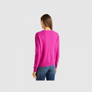 Cárdigan Benetton Fuchsia cyclamen crew neck pure Merino wool Mujer Blancos | BWRMSC563