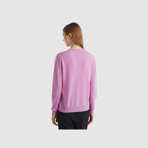 Cárdigan Benetton Lilac crew neck pure Merino wool Mujer Morados | LENJCY721