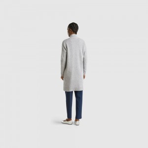 Cárdigan Benetton Long pure Shetland wool Mujer Grises Claro | TXFJCD857