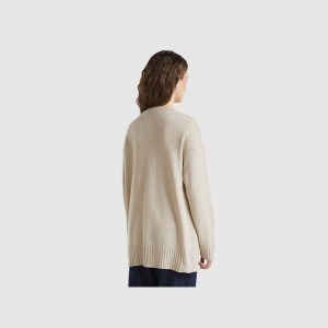 Cárdigan Benetton Oversized fit wool blend Mujer Beige | RLDOBQ541