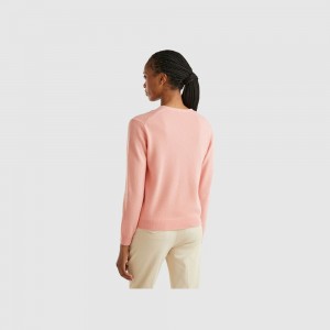 Cárdigan Benetton V-neck pure Merino wool Mujer Rosas | UHVSRD092