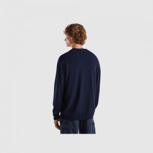 Cárdigan Benetton V-neck pure Merino wool Hombre Azules Oscuro | PRKOIL395