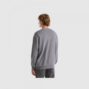 Cárdigan Benetton V-neck pure Merino wool Hombre Grises Oscuro | PZHMFB301
