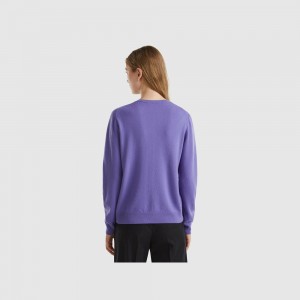 Cárdigan Benetton crew neck pure Merino wool Mujer Morados | VQFKTS174
