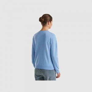Cárdigan Benetton crew neck pure Merino wool Mujer Azules Claro | NZBDSU862