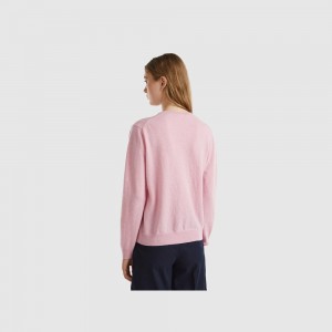 Cárdigan Benetton crew neck pure Merino wool Mujer Rosas | OYAQKG935