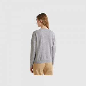 Cárdigan Benetton crew neck pure Merino wool Mujer Grises Claro | XNAFGV096