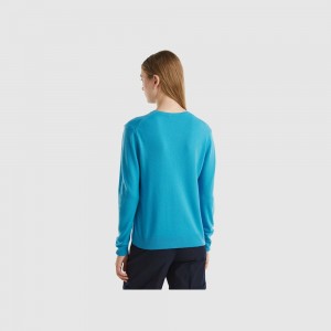 Cárdigan Benetton crew neck pure Merino wool Mujer Azules Claro | UPLHMQ065