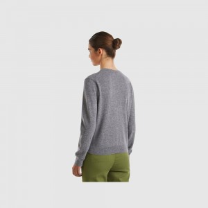 Cárdigan Benetton crew neck pure Merino wool Mujer Grises Oscuro | EKCSFX849