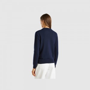 Cárdigan Benetton crew neck pure Merino wool Mujer Azules Oscuro | LVXGAM543