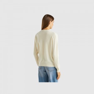 Cárdigan Benetton crew neck pure Merino wool Mujer Blancos | UOGYJB956