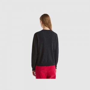 Cárdigan Benetton crew neck pure Merino wool Mujer Grises Oscuro | JIRZHO162