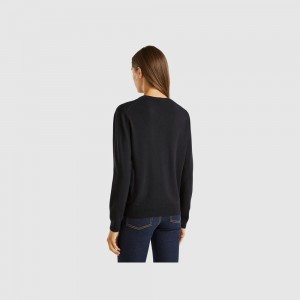 Cárdigan Benetton crew neck pure Merino wool Mujer Negros | UADNBQ329
