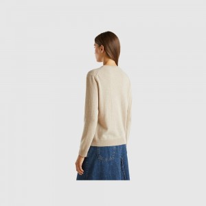 Cárdigan Benetton crew neck pure Merino wool Mujer Beige | PVYRHT968