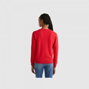Cárdigan Benetton plum crew neck pure Merino wool Mujer Rojos | NRPSDX183