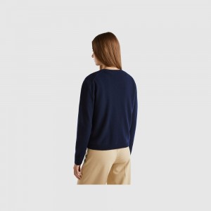 Cárdigan Benetton pure Merino wool Mujer Azules Oscuro | UGCXOD214