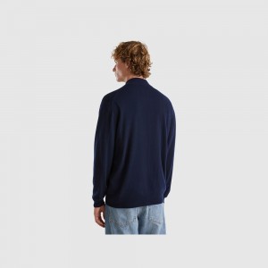 Cárdigan Benetton zip-up pure Merino wool Hombre Azules Oscuro | CJIROK728