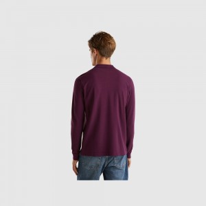 Long Sleeve Polo Benetton 100% cotton Hombre Morados Oscuro | MLQGJS234
