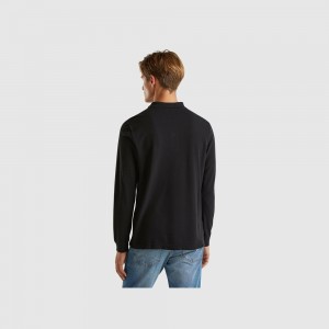 Long Sleeve Polo Benetton 100% cotton Hombre Negros | AFCLKX713