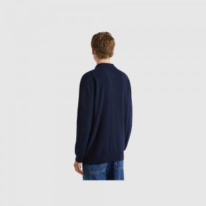 Long Sleeve Polo Benetton pure Merino wool Hombre Azules Oscuro | CAJSPZ042
