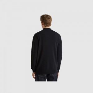 Long Sleeve Polo Benetton pure Merino wool Hombre Negros | IQWBXO937