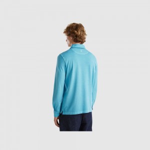 Long Sleeve Polo Benetton stretch organic cotton Hombre Azules Claro | EMNRPX581