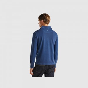 Long Sleeve Polo Benetton stretch organic cotton Hombre Azules Oscuro | TGUYMD037