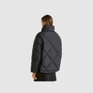 Puffer Jackets Benetton High collar in genuine recycled down Mujer Negros | RSGQAB329