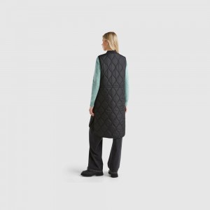 Puffer Jackets Benetton Long nylon vest Mujer Negros | AHCFUK895
