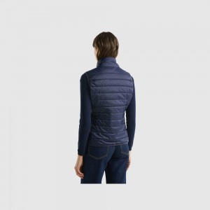 Puffer Jackets Benetton Sleeveless recycled wadding Mujer Azules Oscuro | OLJWHP582