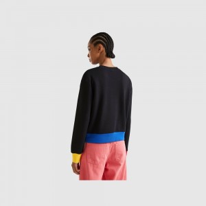 Sudadera Benetton Pullover logo print Mujer Negros | BFVMWI690