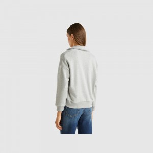 Sudadera Benetton Sweat fabric polo with V-neck Mujer Grises Claro | QKJWLZ701