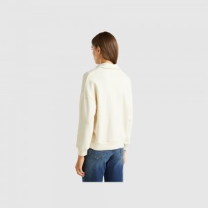 Sudadera Benetton Sweat fabric polo with V-neck Mujer Blancos | UJXVBY743