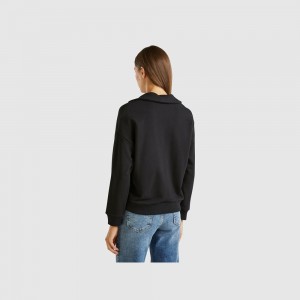 Sudadera Benetton Sweat fabric polo with V-neck Mujer Negros | AXPFNI971