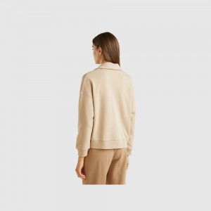 Sudadera Benetton Sweat fabric polo with V-neck Mujer Beige | KTJEFM628