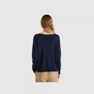 Suéteres Benetton Boat neck Mujer Azules Oscuro | GPCFTX350