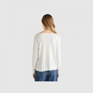 Suéteres Benetton Boat neck Mujer Blancos | DGXZPS906