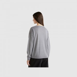 Suéteres Benetton Boat neck pure Merino wool Mujer Grises Claro | DWJQMF250