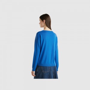 Suéteres Benetton Boat neck pure Merino wool Mujer Azules Claro | BKCGWZ054