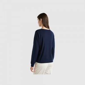 Suéteres Benetton Boat neck pure Merino wool Mujer Azules Oscuro | PRFILE572