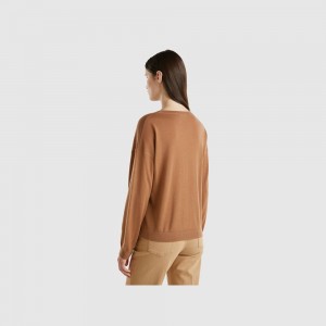 Suéteres Benetton Boat neck pure Merino wool Mujer Marrom | QMTDSK834