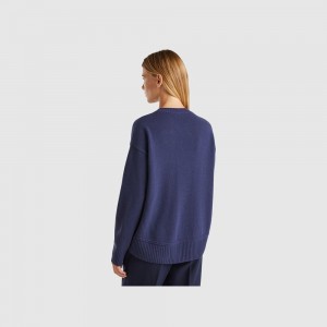 Suéteres Benetton Boxy fit wool blend Mujer Azules Oscuro | BMESQW475