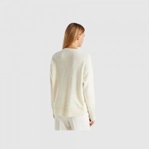 Suéteres Benetton Boxy fit wool blend Mujer Blancos | VDQEIC439