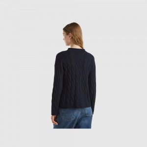 Suéteres Benetton Cable knit Mujer Azules Oscuro | VEKAFZ869