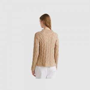 Suéteres Benetton Cable knit Mujer Beige | HLJPQT213