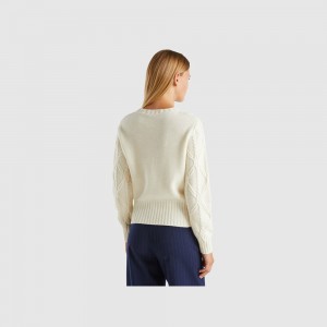 Suéteres Benetton Cable knit Mujer Blancos | YVLOZS294