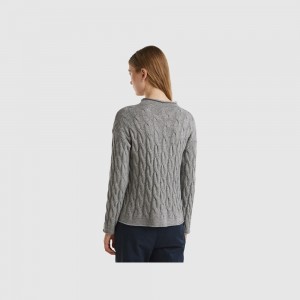 Suéteres Benetton Cable knit Mujer Grises Claro | WZQFIE376